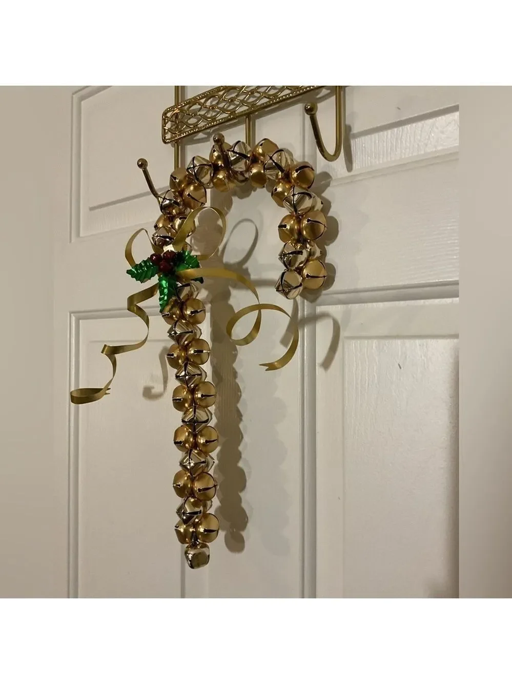 Gold Jingle Bell Candy Cane Christmas Door Hanger Wreath Holiday Decor